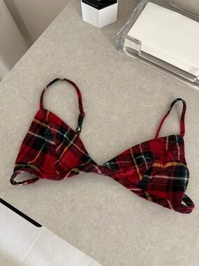 SKIMS FLANNEL SLEEP TRIANGLE BRALETTE RED HOLIDAY PLAID